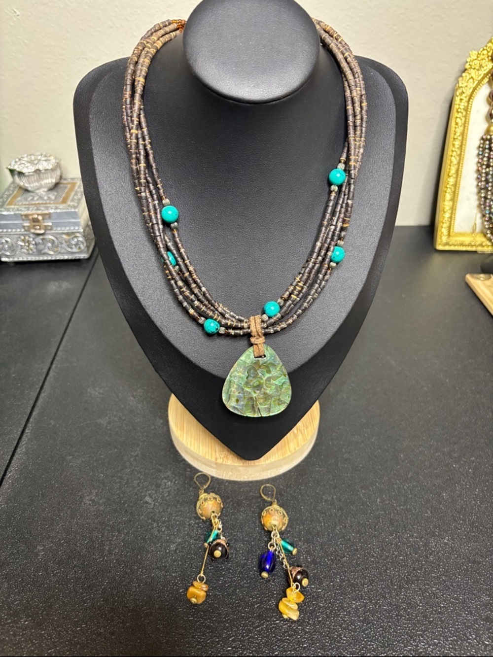 Coldwater Creek Abalone Turquoise Wood Multi Strand Boho Necklace & Earrings